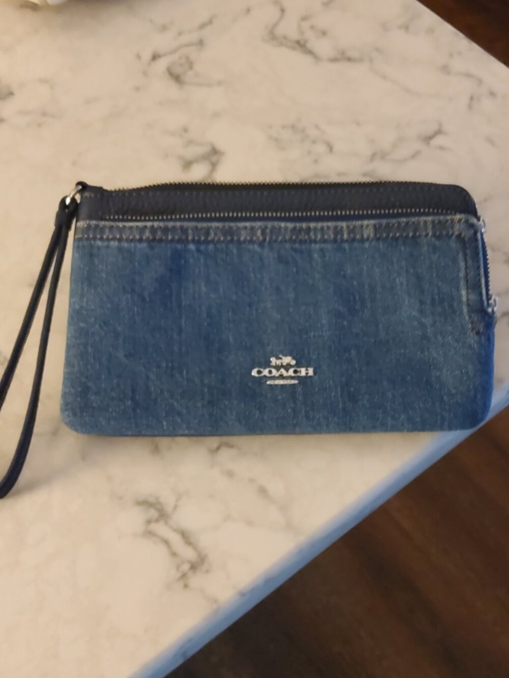 Like New Coach Double Zip Wristlet in Denim and Pebbled leather CAP24